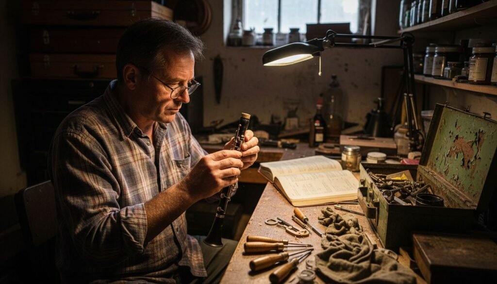Clarinet craftsman examining barrel at workbench