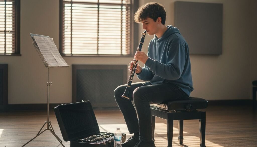Clarinetist preparing clarinet in rehearsal room