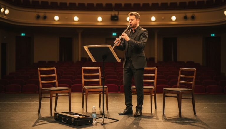 Clarinetist playing basset clarinet on concert stage