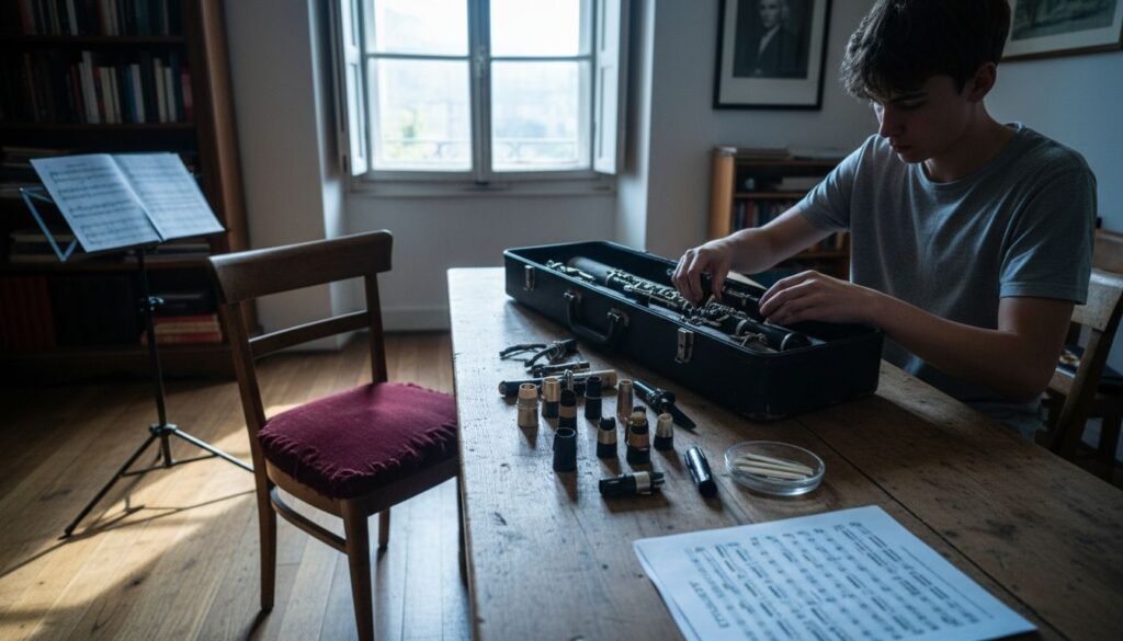 Clarinetist preparing mouthpiece testing workspace