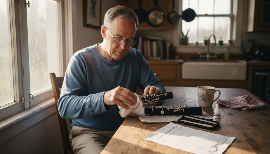 Clarinetist performing clarinet maintenance at home