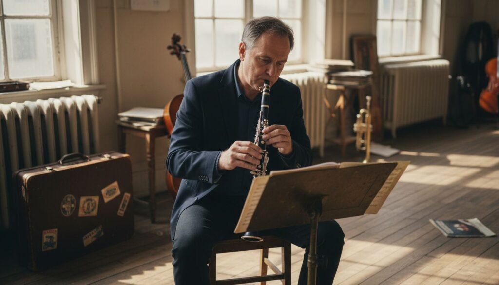 Clarinetist assembling instrument in vintage studio