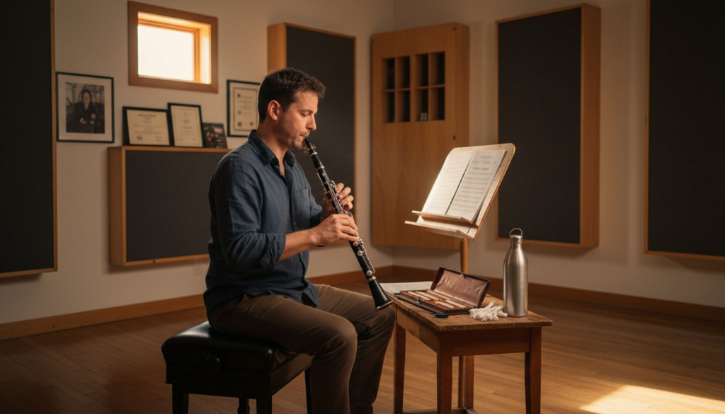 Clarinetist practicing in detailed music studio
