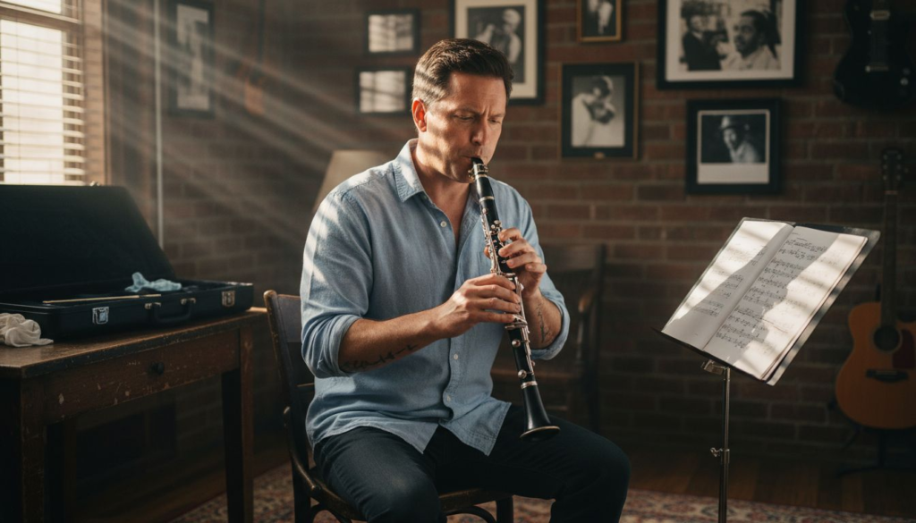 Clarinetist fine-tuning embouchure in music studio
