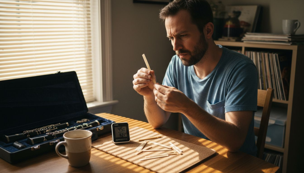 Clarinetist inspecting reeds at sunlit table