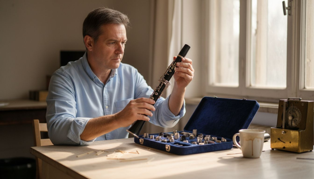 Clarinetist choosing mouthpieces in studio