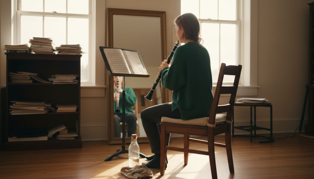 Clarinetist practicing ergonomic posture in studio