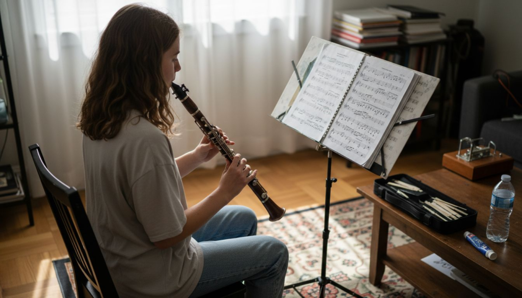 Clarinetist practicing with accessories at home