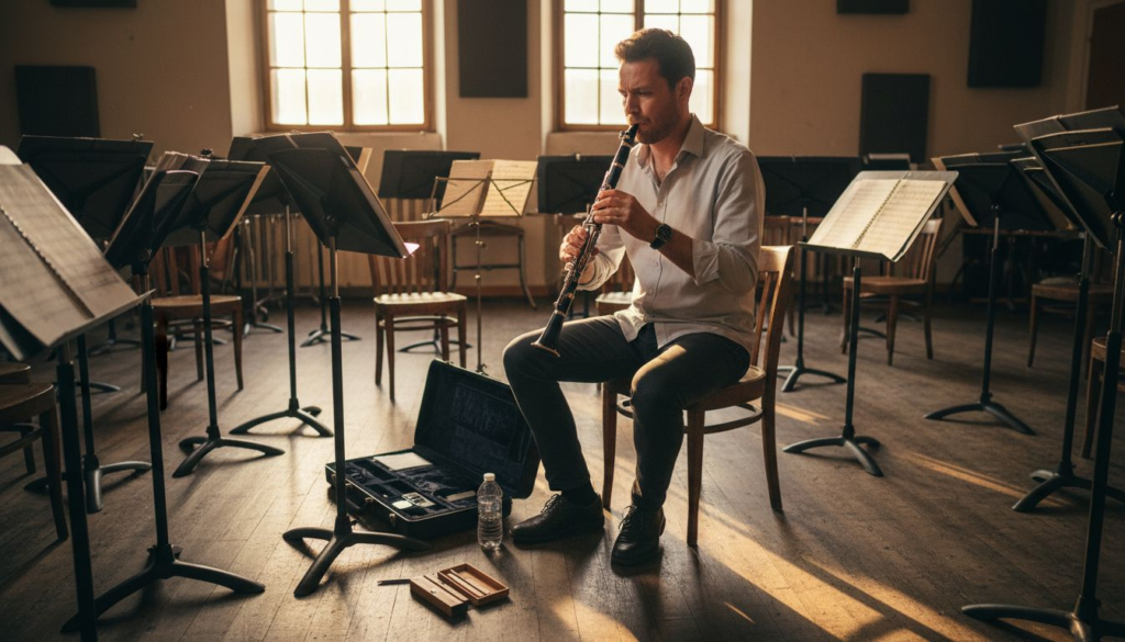 Clarinetist practicing tone in a rehearsal studio