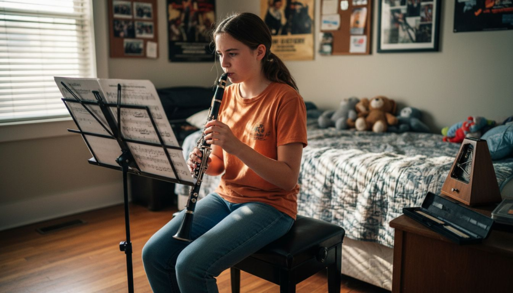 Teen clarinetist adjusts mouthpiece in home studio