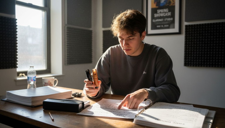 Clarinetist reviewing mouthpiece materials at table