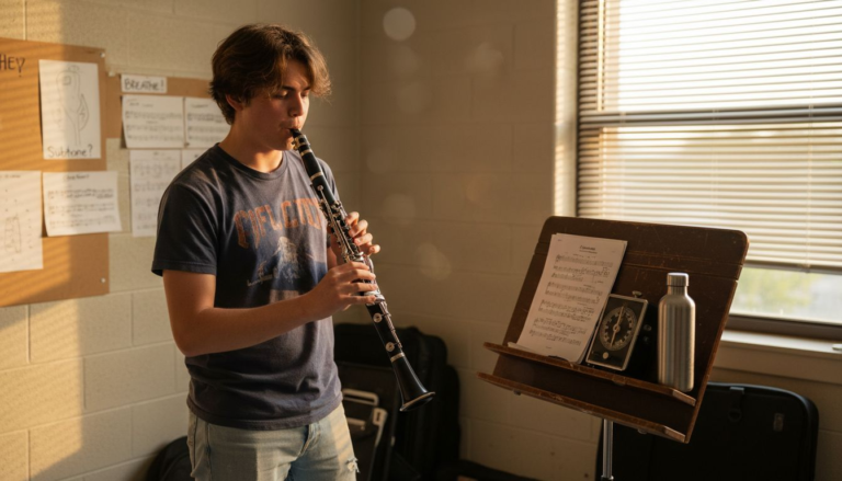 Clarinetist practicing warm-up in music room