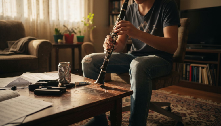 Amateur clarinetist assembling instrument at home