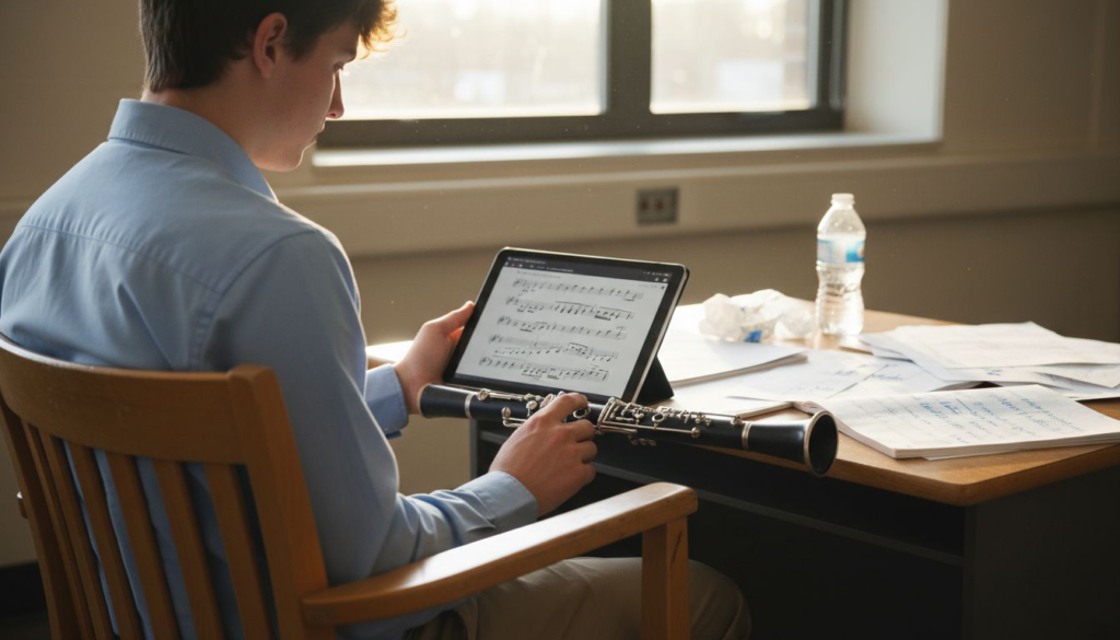 Clarinetist analyzing response with digital chart