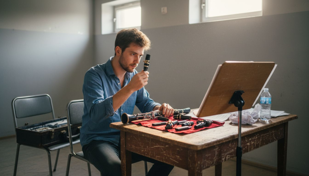 Clarinetist comparing multiple clarinet mouthpieces at table