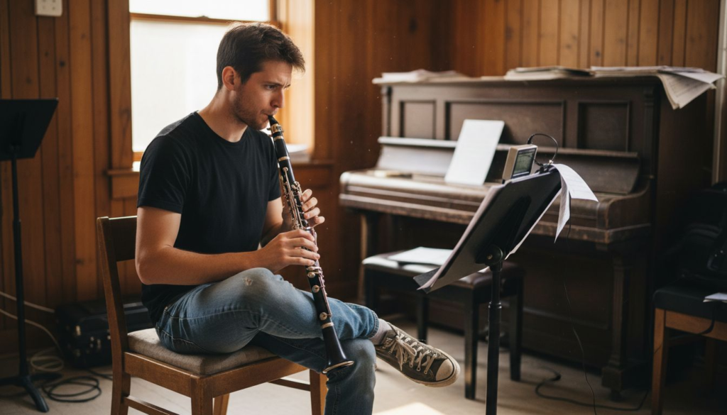 Clarinetist practicing tone in rehearsal room