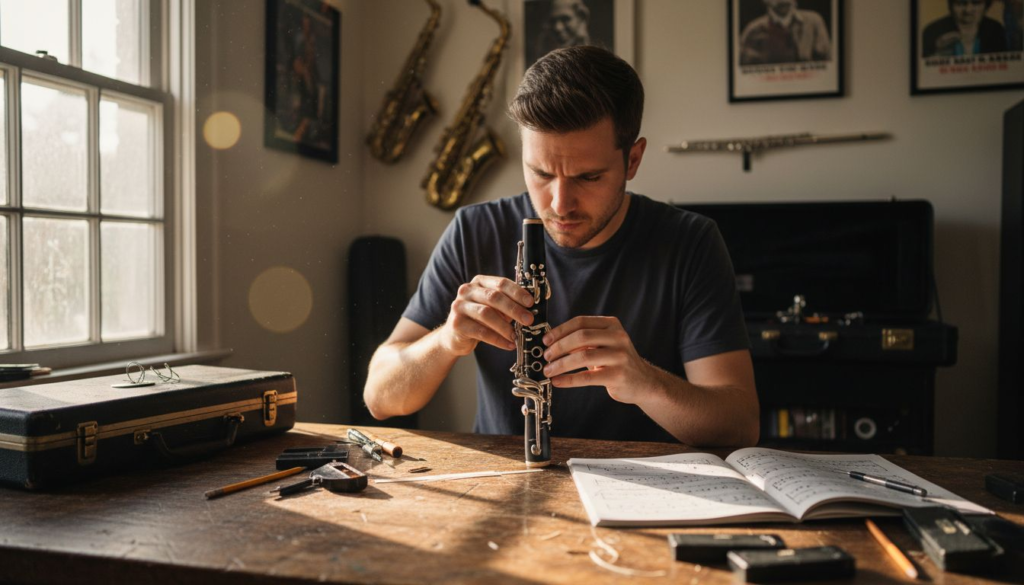 Clarinetist customizes instrument at sunlit workbench