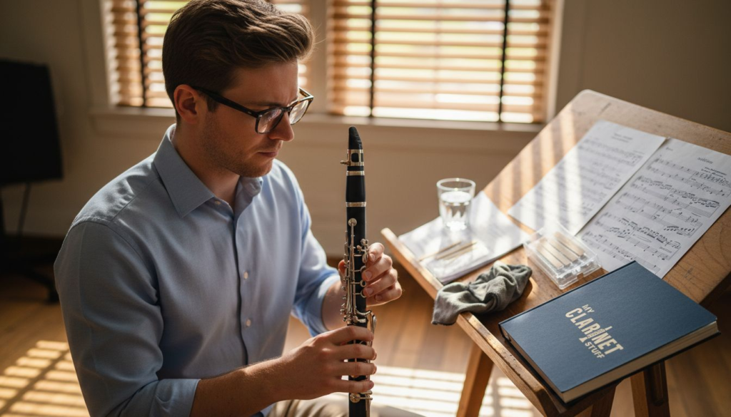 Clarinetist closely inspecting clarinet in practice room