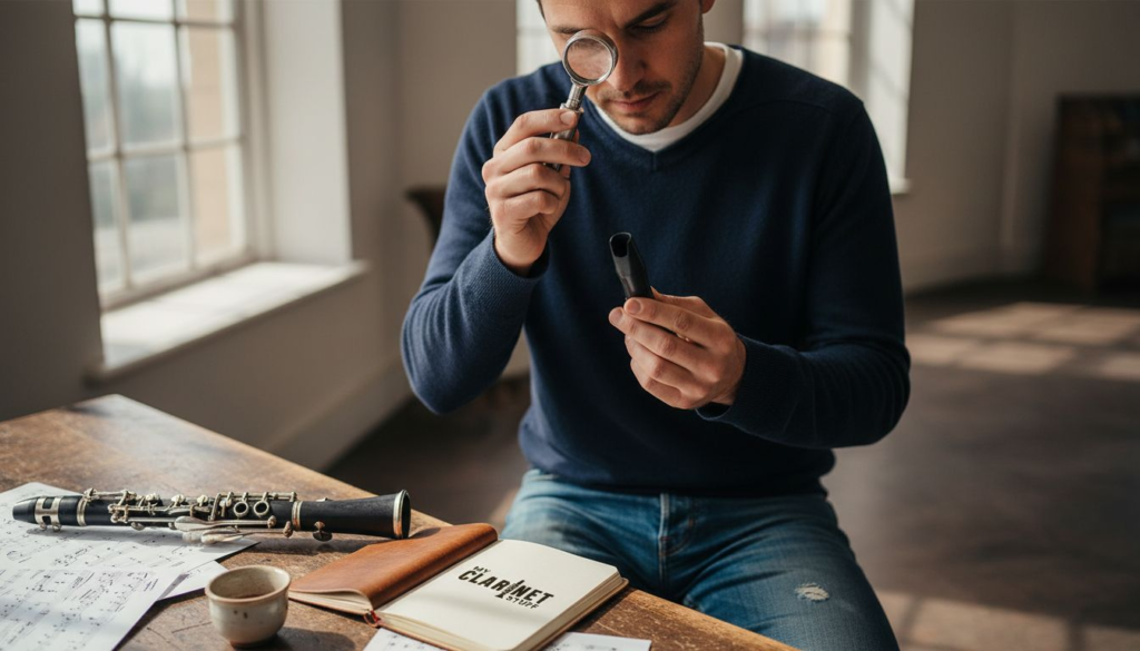 Clarinetist inspecting mouthpiece in studio