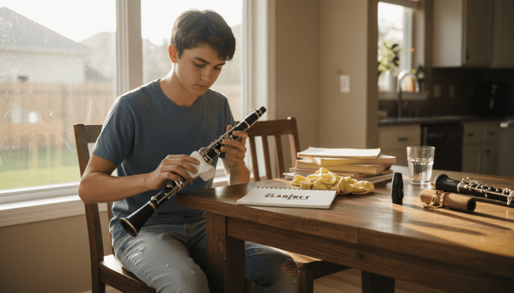 Young musician cleaning clarinet at kitchen table