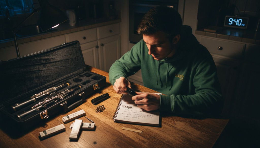 Clarinetist studying mouthpiece and parts