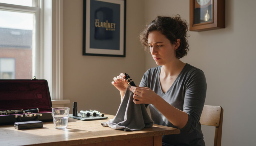 Clarinetist cleaning premium mouthpiece at table