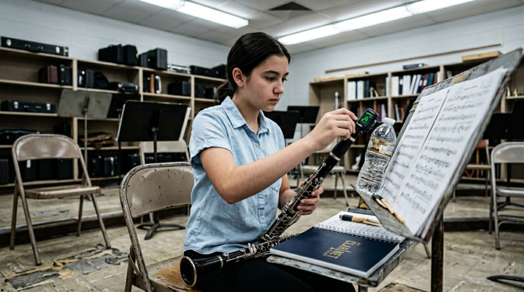 Clarinetist tuning in rehearsal room