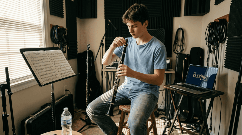 Clarinetist practicing in home studio environment