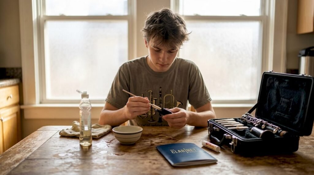 Clarinetist cleaning mouthpiece at kitchen table