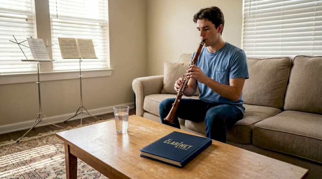 Clarinetist practicing in cozy living room setting