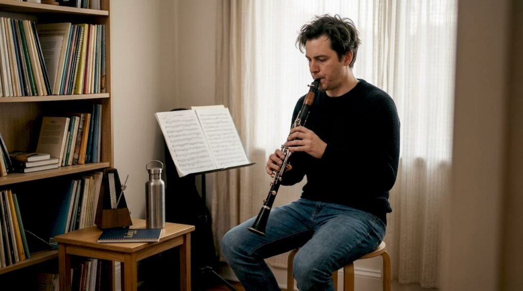 Clarinetist playing with custom barrel in studio