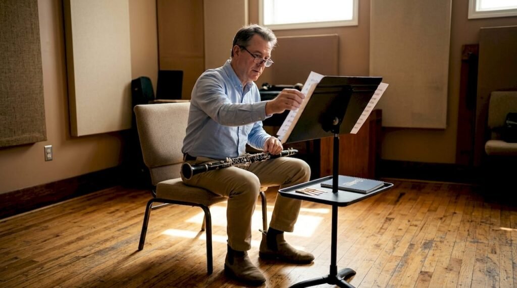 Clarinetist adjusting music in sunlit rehearsal room