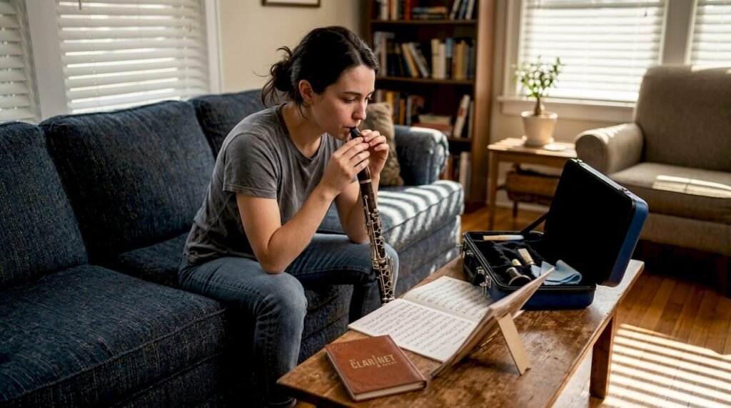 Clarinetist practicing embouchure on sofa