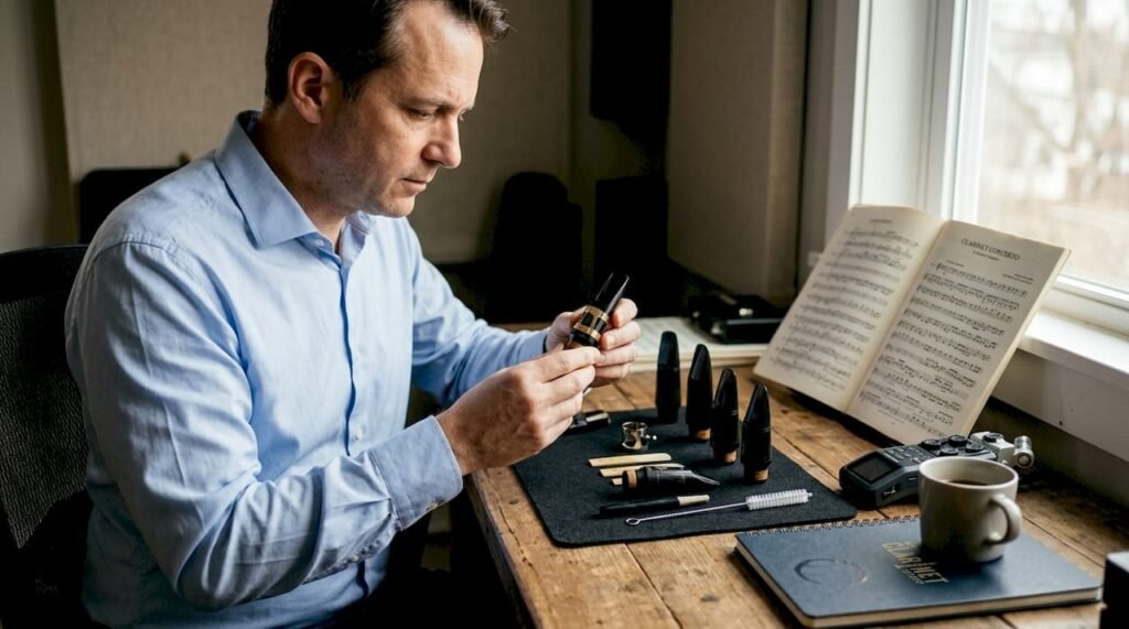 Clarinetist examines mouthpieces in studio