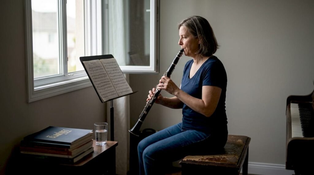 Clarinetist practicing scales in home setting