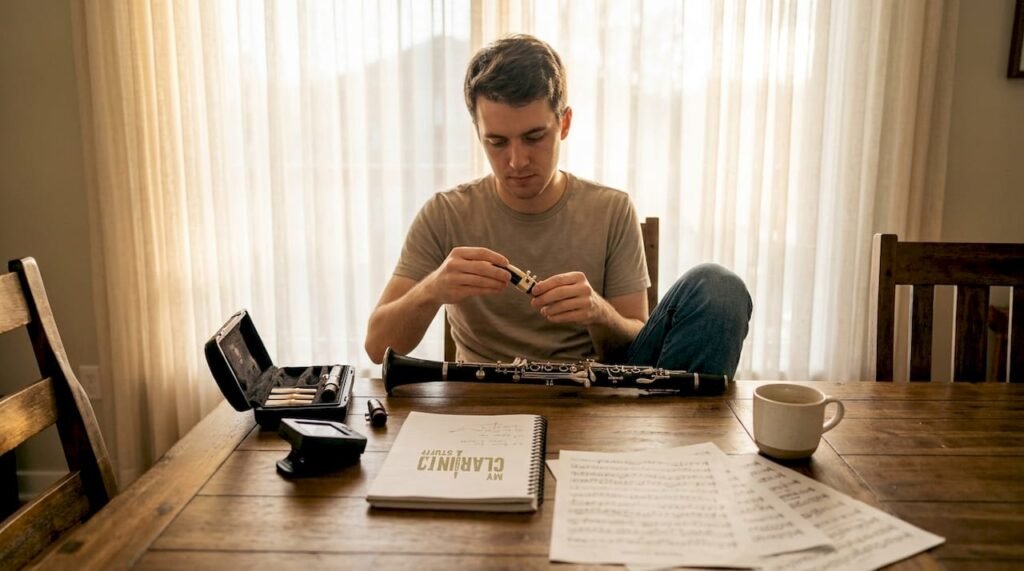 Clarinetist testing mouthpiece at home table