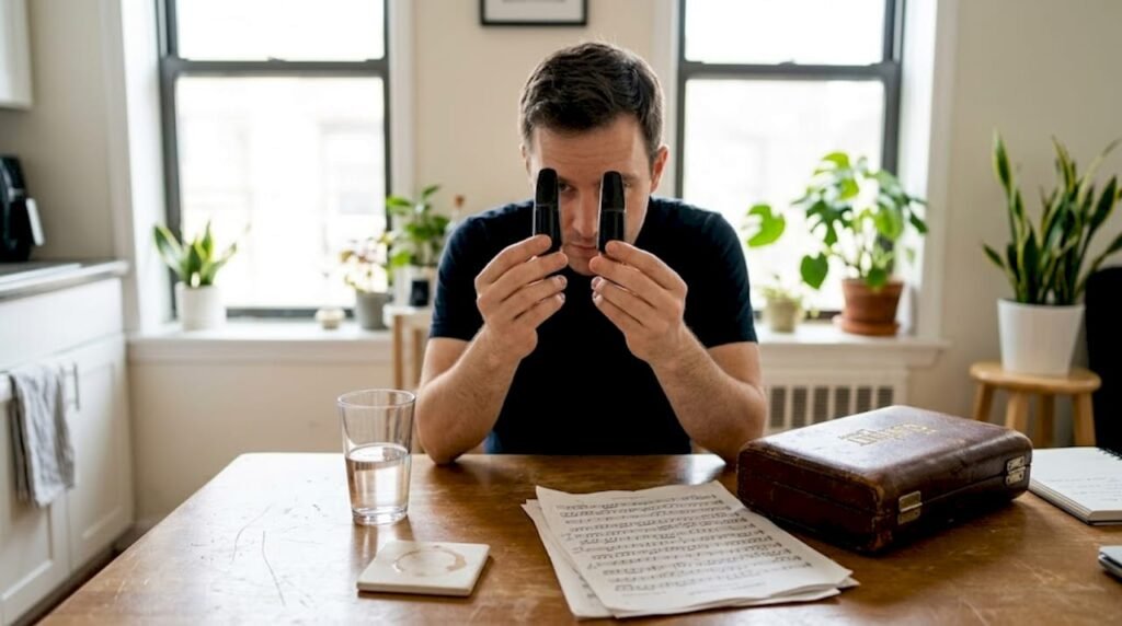 Clarinetist comparing two mouthpieces at kitchen table