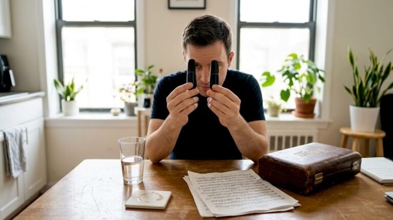 Clarinetist comparing two mouthpieces at kitchen table
