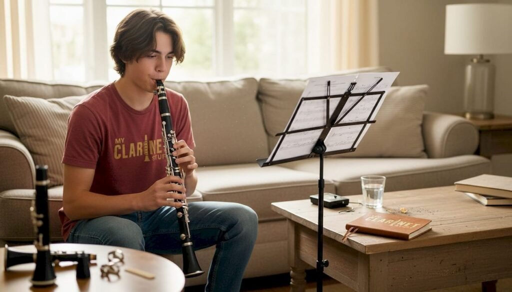 Teenager practicing clarinet in sunlit living room