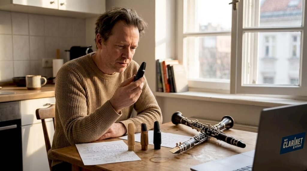 Clarinetist comparing mouthpiece materials