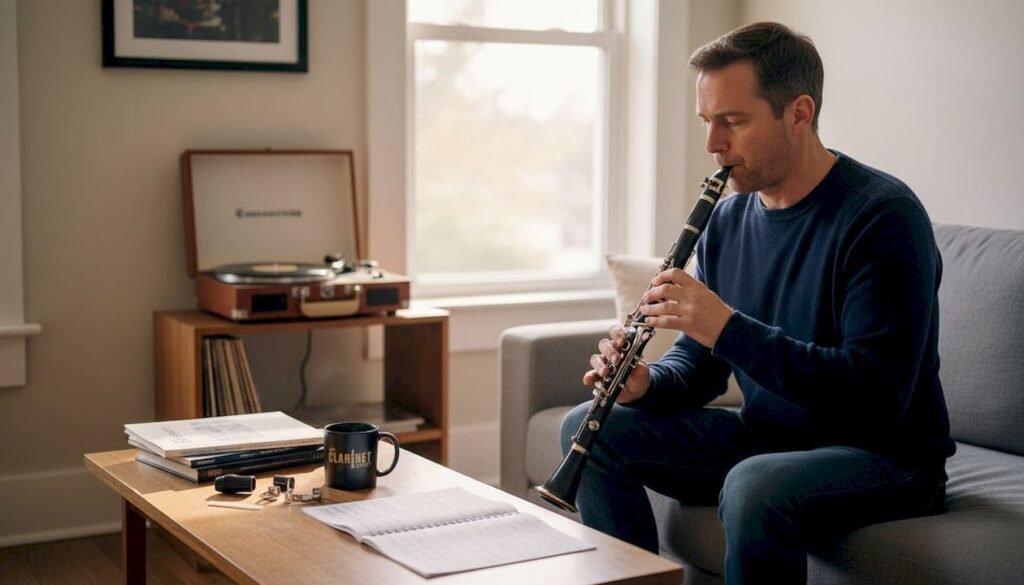 Clarinetist practicing folk music at home