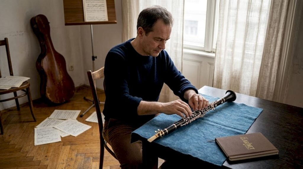 Clarinetist adjusting instrument in Vienna rehearsal