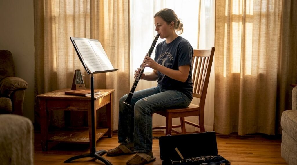 Clarinetist practicing in casual home setting