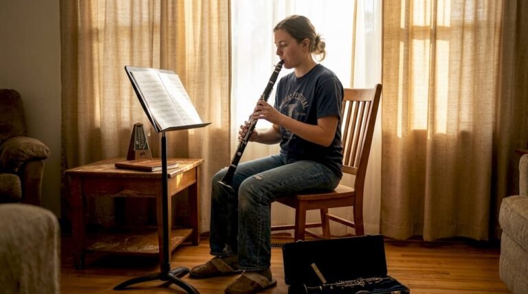 Clarinetist practicing in casual home setting