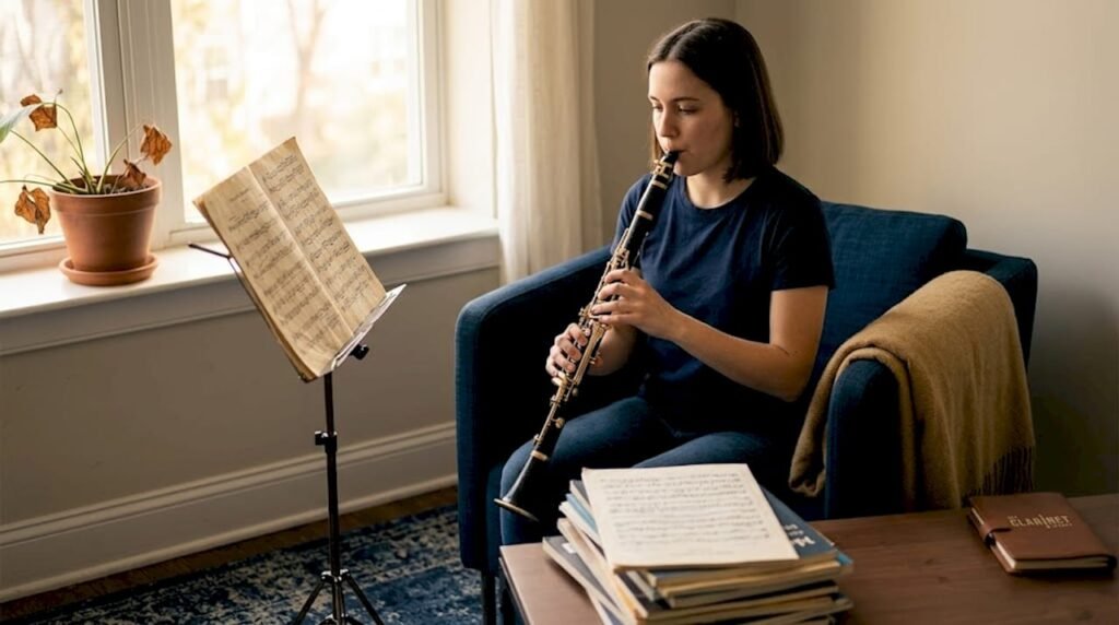 Clarinetist practicing in sunlit living room