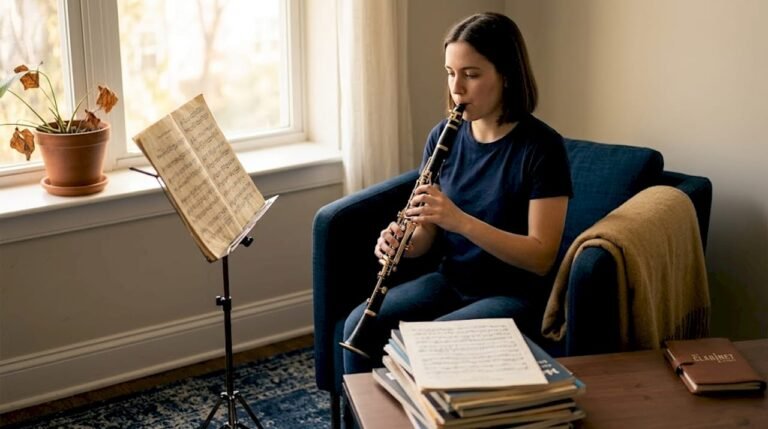 Clarinetist practicing in sunlit living room