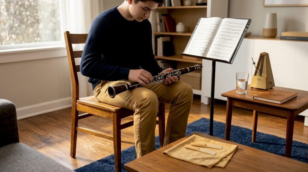 Clarinetist assembling instrument in cozy living room
