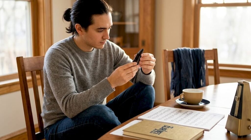 Clarinetist inspecting mouthpiece at home table