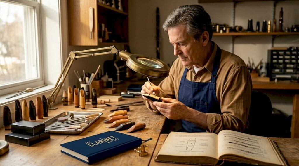Craftsman inspecting clarinet mouthpiece in studio