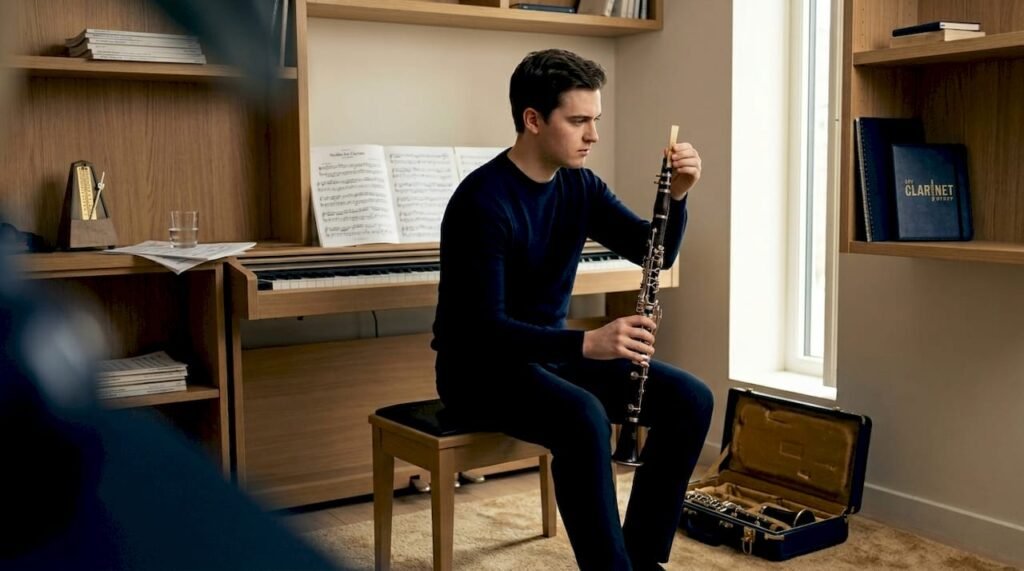 Clarinetist examining reed in sunny home studio